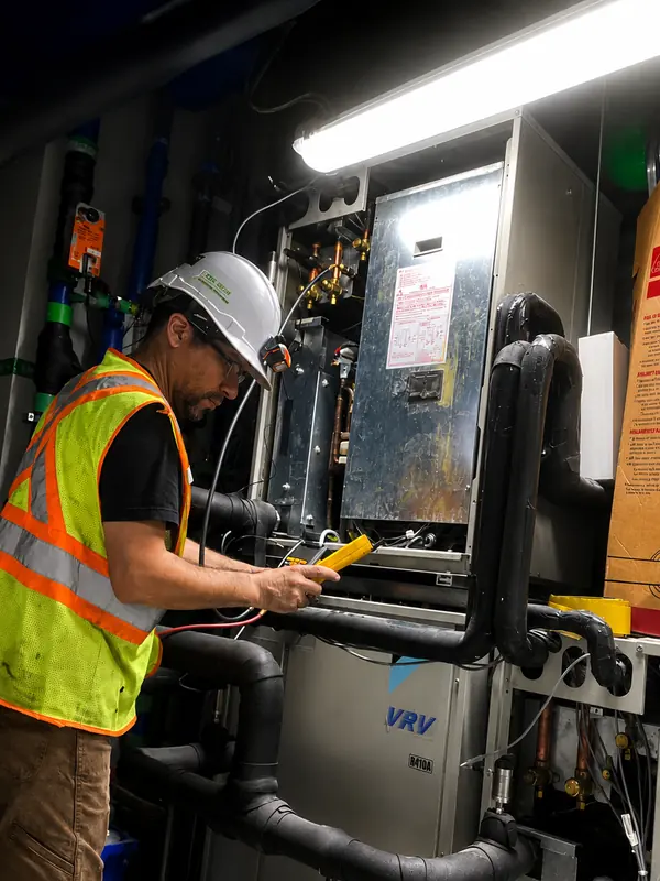 A technician in a hard hat, safety glasses, and a hi-visibility vest taking a reading with a hand-held meter at an open indoor VRV unit, surrounded by insulated refrigerant piping and a coloured water loop.